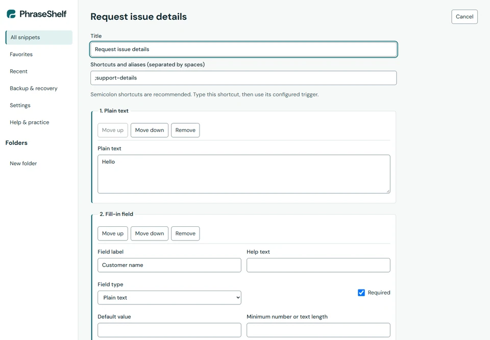 PhraseShelf visual editor with a reply and real fill-in fields