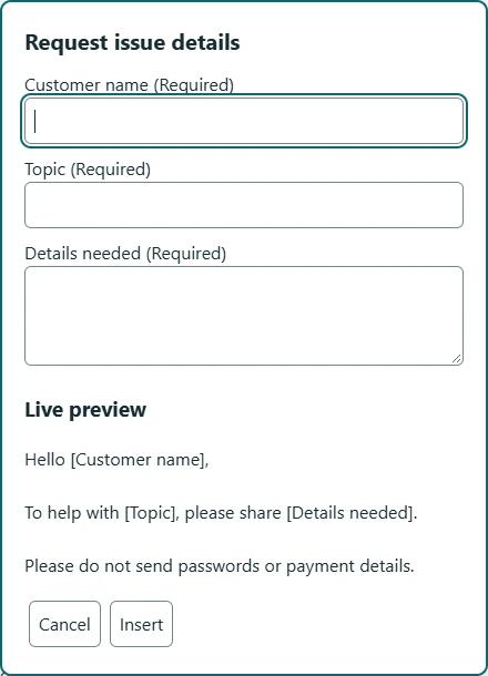 PhraseShelf fill-in form for a customer name and issue details