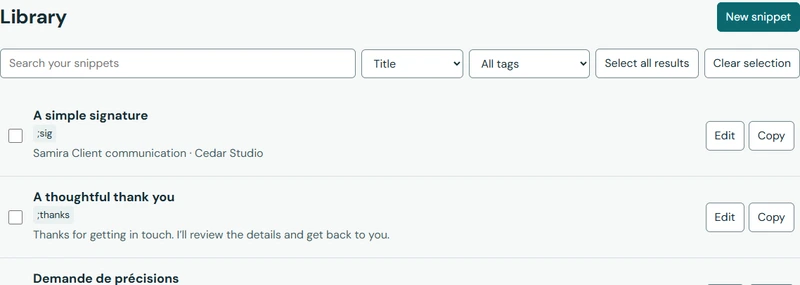 PhraseShelf library with saved replies, shortcuts, tags, and search