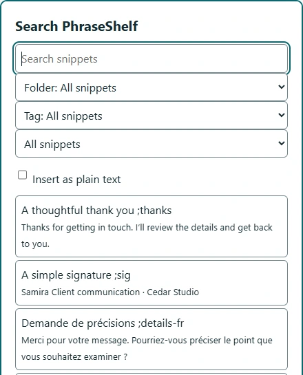 PhraseShelf search palette displaying synthetic saved snippets